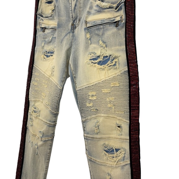 PREME Eldredge Rhinestone Stripe Denim 36x33 Light Wash Distressed Moto Jeans - Picture 15 of 16